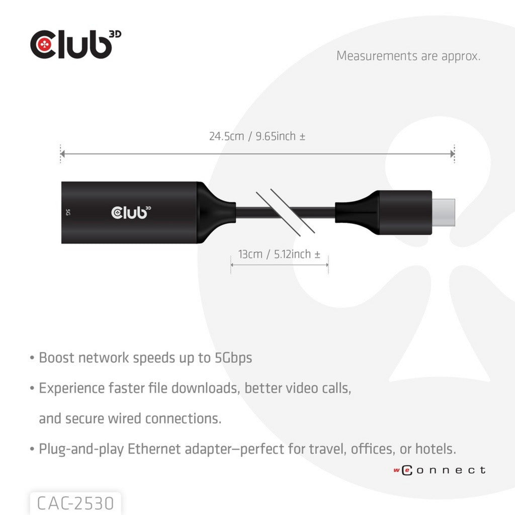 Adaptateur Ethernet M-F Club 3D USB-C vers RJ45 5 Gbit/s (noir)