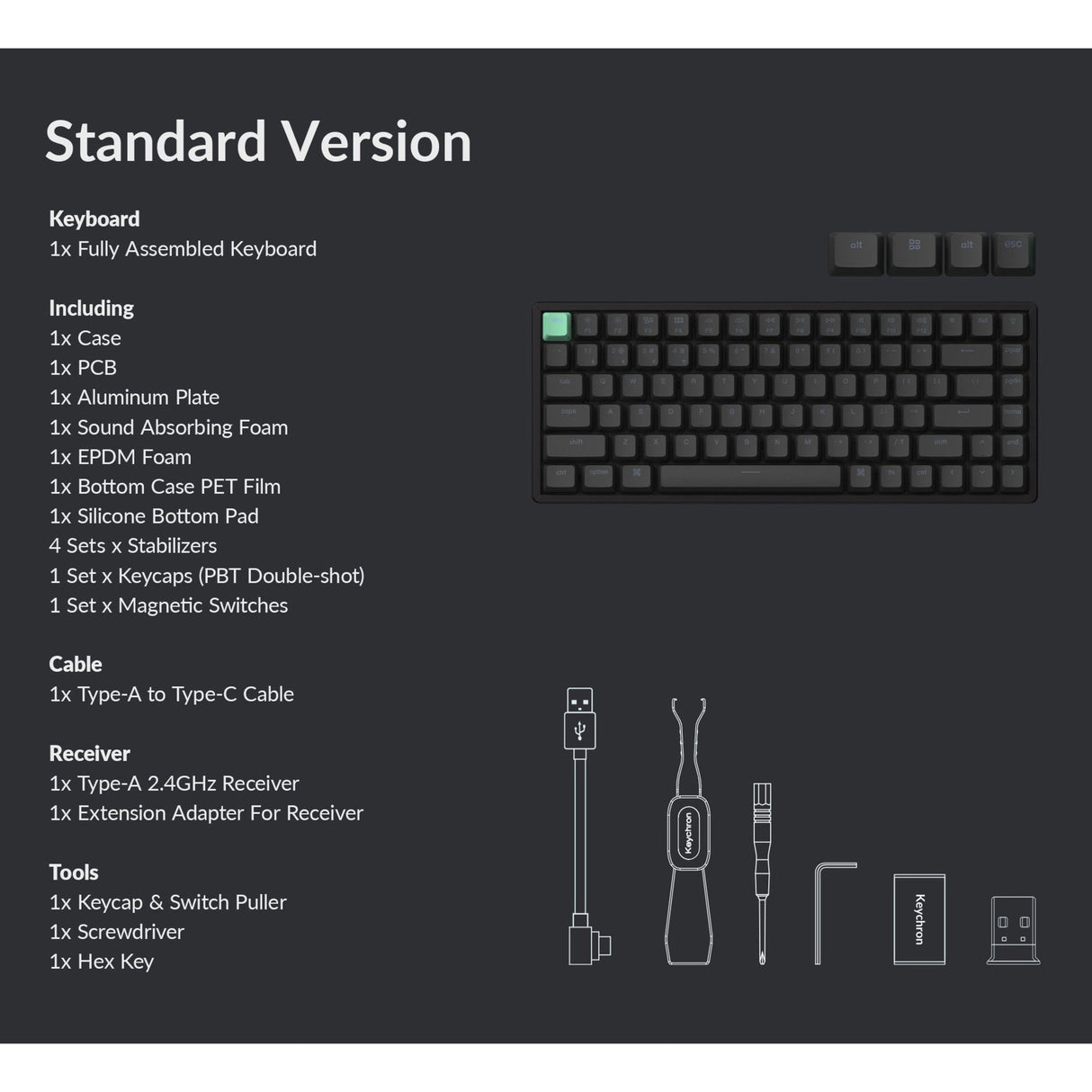 Clavier mécanique RVB Keychron k2 he-j1 version standard (noir, disposition américaine (qwerty), nébuleuse magnétique à double rail Gateron, 75 %, RVB, osa double-shot pbt, échange à chaud, 2,4 GHz | Bluetooth 5.2 | USB-C)