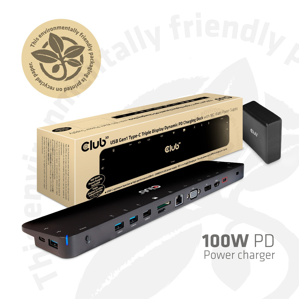 Station d'accueil Club 3D USB-C 3.2 Gen1 à triple affichage dynamique PD 100 W (noir)