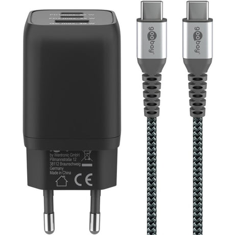 Goobay Chargeur rapide USB-C nano (65 W) et câble textile USB-C (noir, 1 mètre)