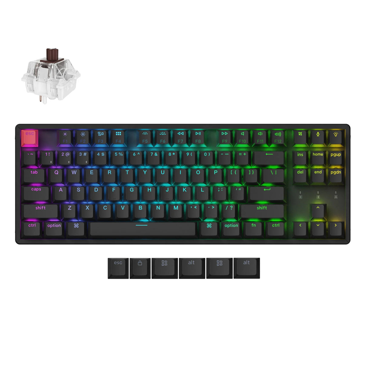 Clavier mécanique Keychron k8x-j3 RVB (noir, disposition américaine (qwerty), super marron, 80 % (tkl), RVB, touches pbt double-shot cerise, échange à chaud, Bluetooth | USB-C)