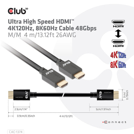 Câble HDMI 2.1 mâle-mâle ultra haut débit Club 3D (noir, 4 mètres, 4K 120 Hz, 8K 60 Hz, 48 Gbps)