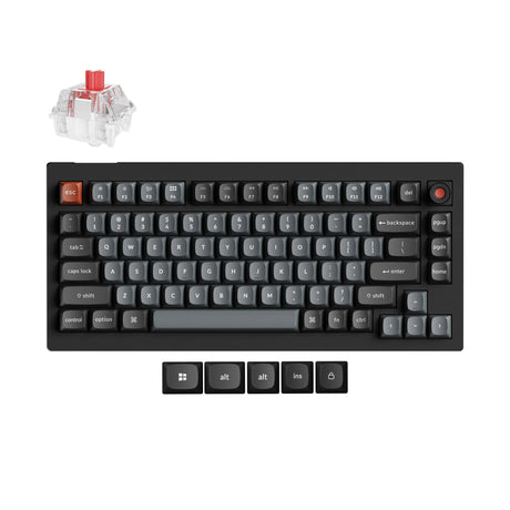 Keychron v1w-d1 8k qmk wired custom mechanical keyboard (zwart, us lay-out (qwerty), super red, 75%, rgb leds, double-shot pbt, hot swap, 8k, knop)
