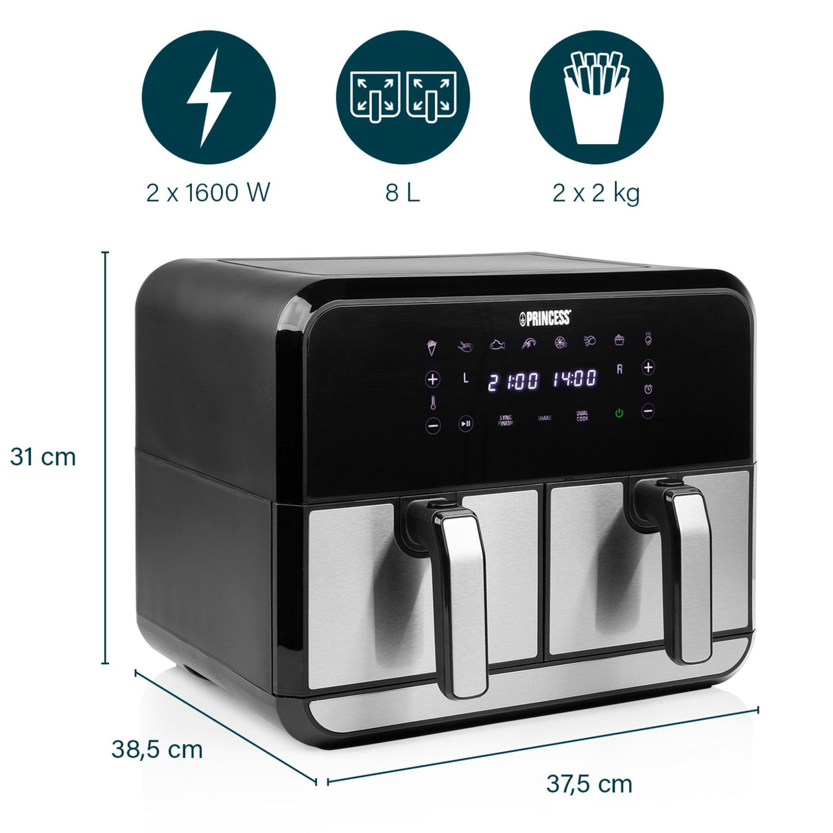 Friteuse à air chaud Princess double panier Aerofryer (noir, 2x 4 litres)