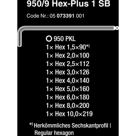 WAA 950 9 HEX-PLUS 1 SB SIFT KEYS Set, métrique, loin