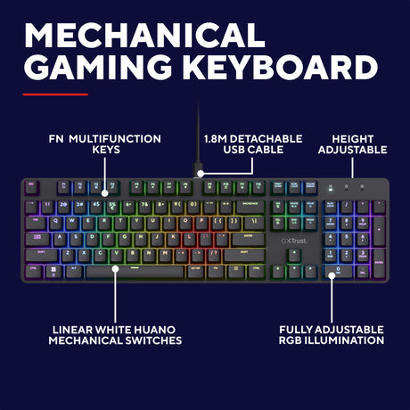 Clavier de jeu mécanique Trust GXT 871 Zora (noir, disposition américaine (QWERTY), Huano Red, 100%, RVB)