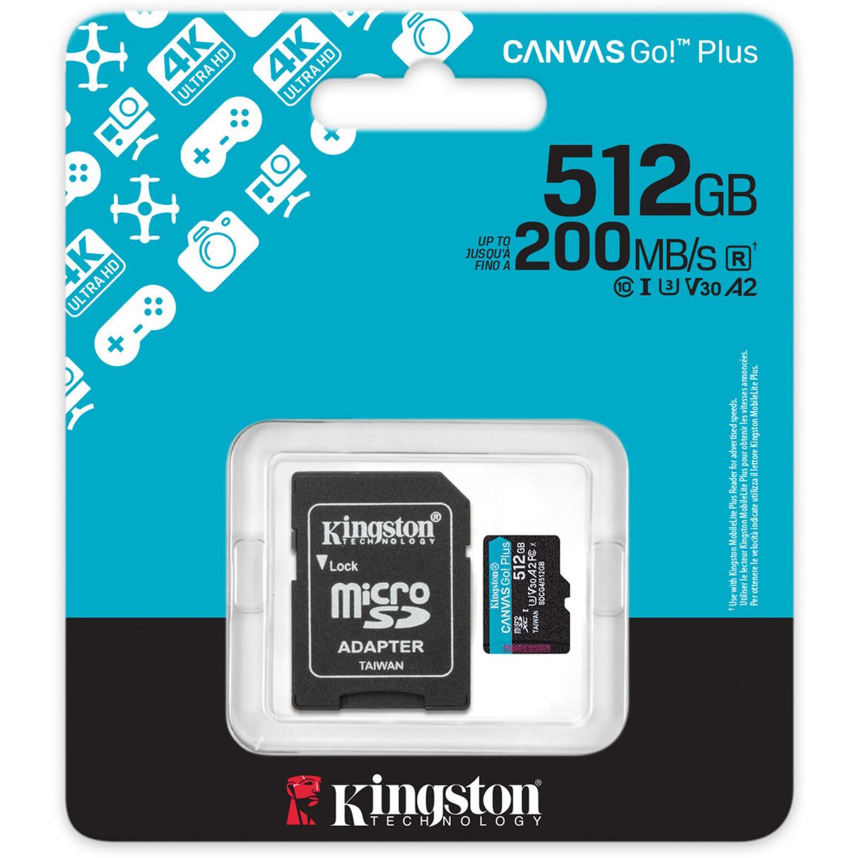 Toile Kingston, c'est parti ! plus carte mémoire microSDXC 512 Go (noire, avec adaptateur, classe 10, UHS-I U3, V30, A2)