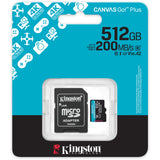 Toile Kingston, c'est parti ! plus carte mémoire microSDXC 512 Go (noire, avec adaptateur, classe 10, UHS-I U3, V30, A2)