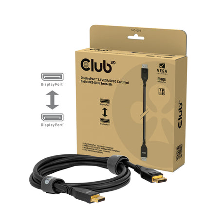 Câble Displayport 2.1 Vesa DP80 certifié Club 3D (noir, 2 mètres, 8k 240hz, 10k 60hz, 80gbps)