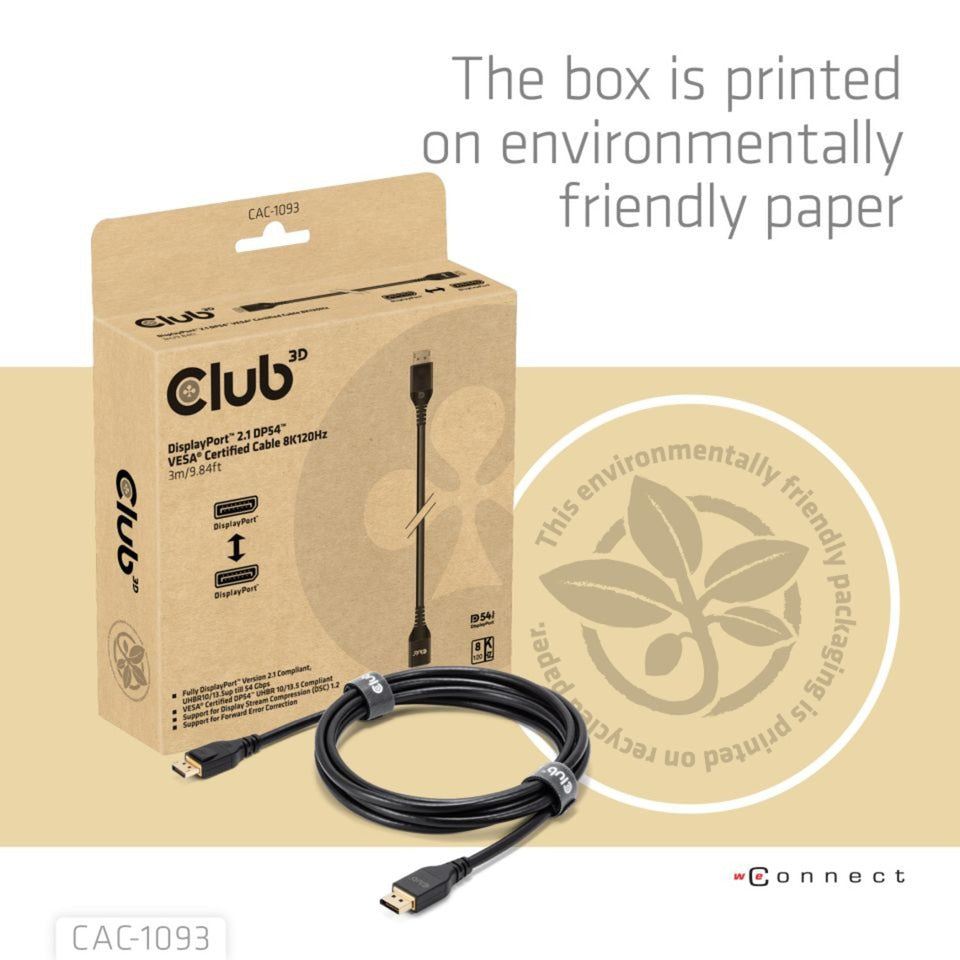 Câble certifié Club 3D DisplayPort 2.1 Vesa DP54 mâle-mâle (noir, 3 mètres, 4K 240 Hz, 8K 120 Hz, 54 Gbps)