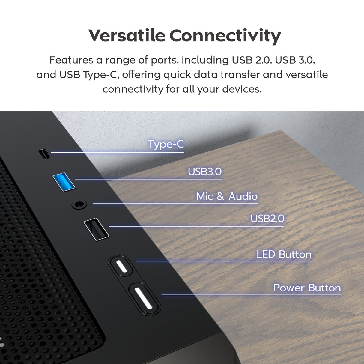 Boîtier tour midi Montech x5 (noir | 2x USB-A | 1x USB-C | verre trempé)