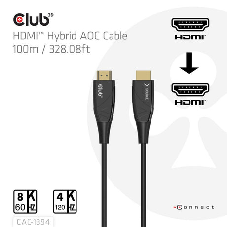 Câble aoc hybride hdmi Club 3d 8k60hz 4k120hz, câble de 100 m (noir)
