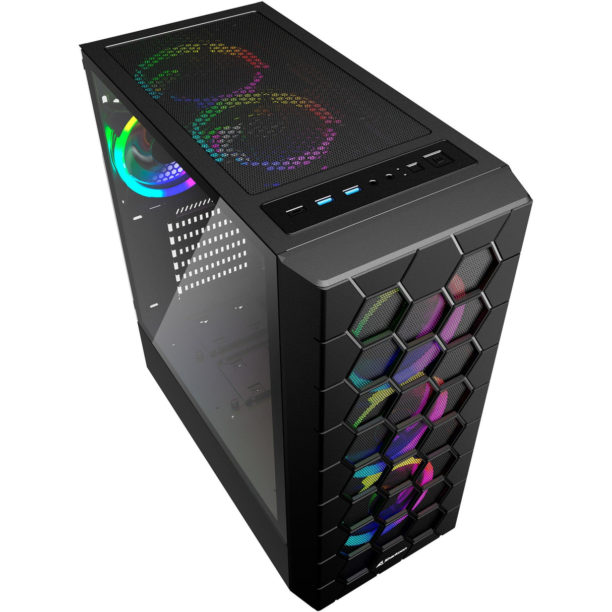 Boîtier tour midi hexagonal Sharkoon rgb (noir | 2x usb-a | 1x usb-c | rgb | verre trempé)