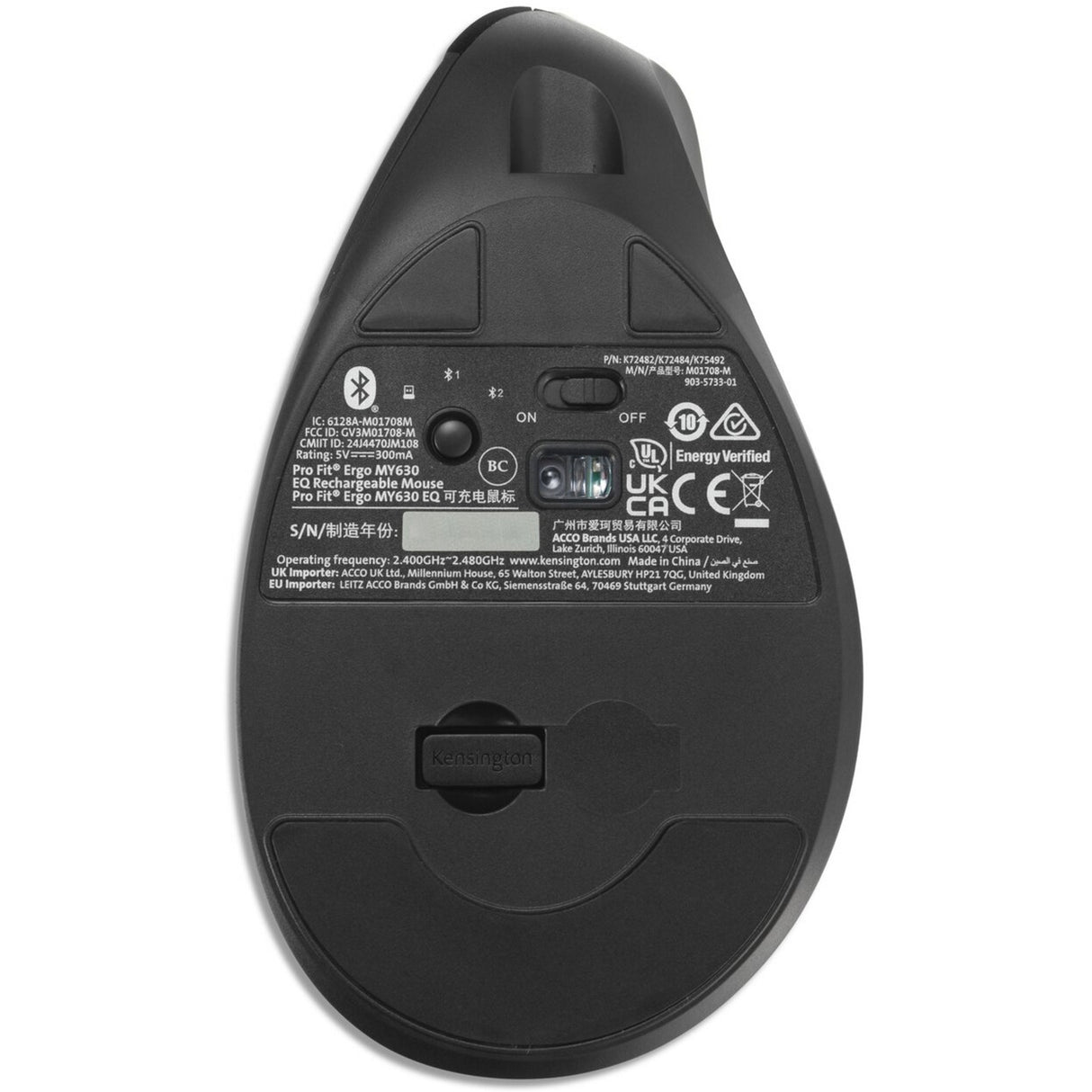 Souris rechargeable Kensington pro fit ergo my630 eq (noir, 1000 - 2400 dpi, Bluetooth, 2,4 GHz)