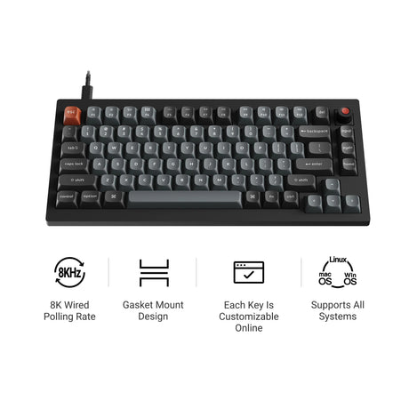 Clavier mécanique personnalisé filaire Keychron v1w-d1 8k qmk (noir, disposition américaine (qwerty), super rouge, 75%, LED RVB, pbt double-shot, échange à chaud, 8k, bouton)