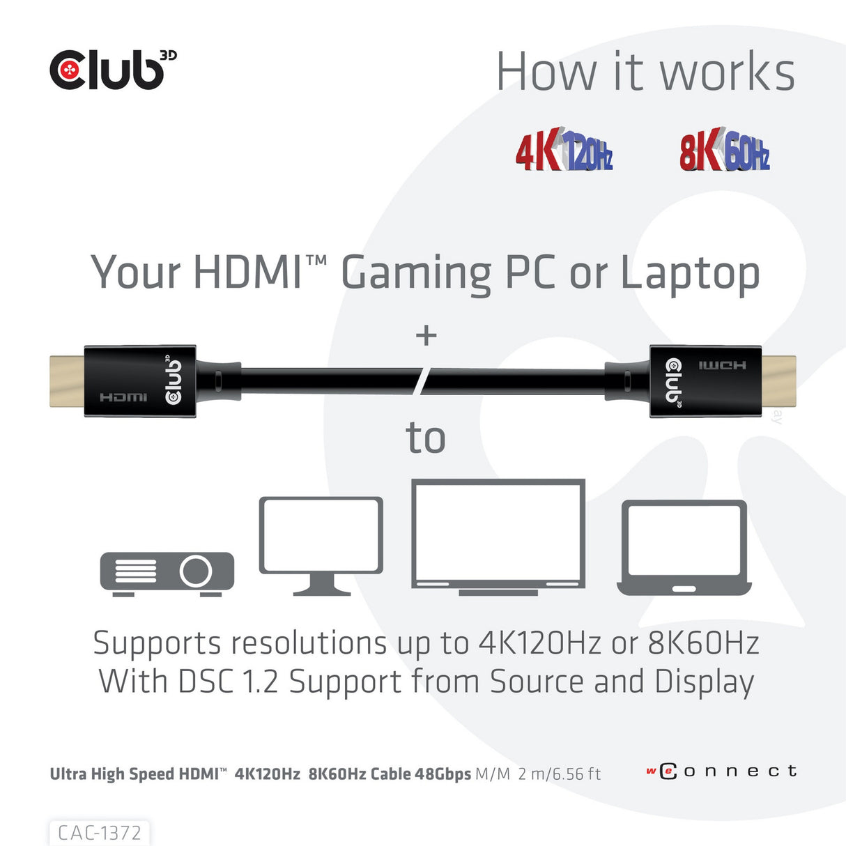Câble certifié HDMI 2.1 ultra haut débit Club 3D mâle-mâle (noir, 2 mètres, 4K 120Hz, 8K 60Hz, 48Gbps)
