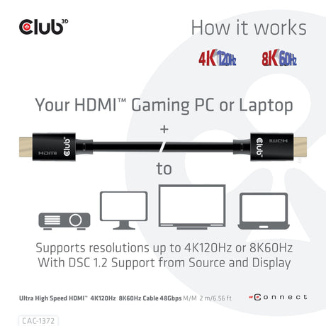 Câble certifié HDMI 2.1 ultra haut débit Club 3D mâle-mâle (noir, 2 mètres, 4K 120Hz, 8K 60Hz, 48Gbps)