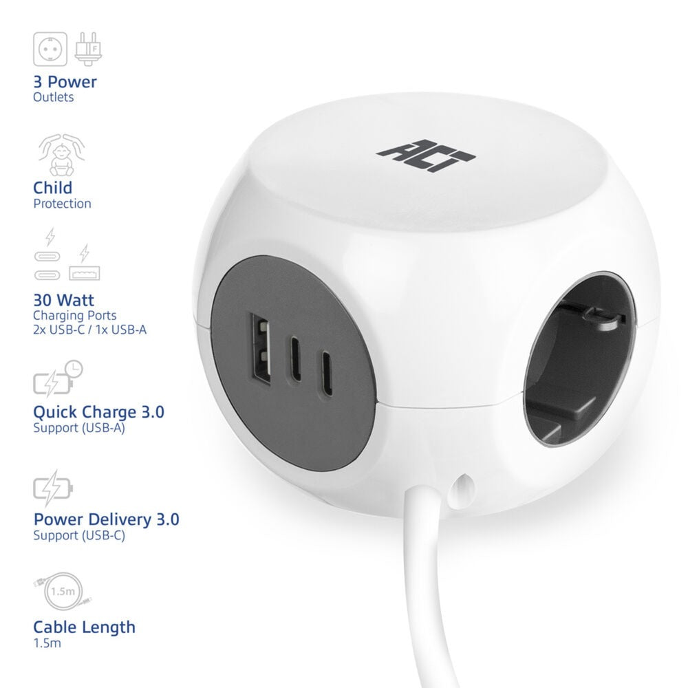 Cube multiprise Act avec 3 prises (type f), 30w pd
