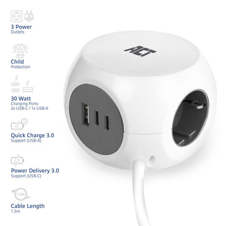 Cube multiprise Act avec 3 prises (type f), 30w pd
