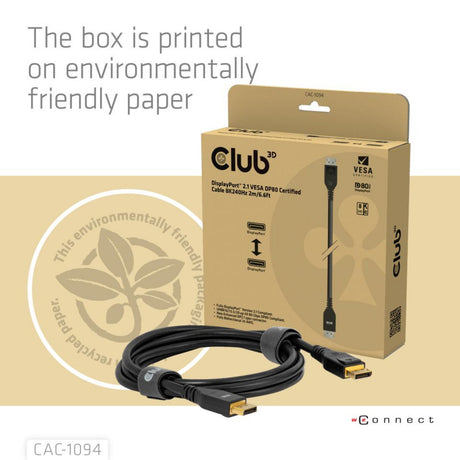 Câble Displayport 2.1 Vesa DP80 certifié Club 3D (noir, 2 mètres, 8k 240hz, 10k 60hz, 80gbps)