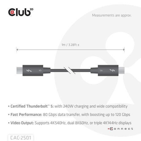 Câble certifié Club 3d Thunderbolt 5 8k240hz (noir, données 80 120 gbps, epr 240 watts, 1 mètre)