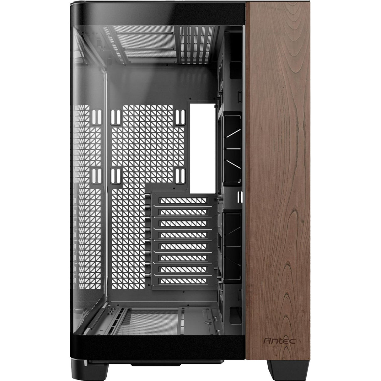 Boîtier tour midi en bois courbe Antec c8 (couleur bois noir | 2x USB-A | 1x USB-C | verre trempé)