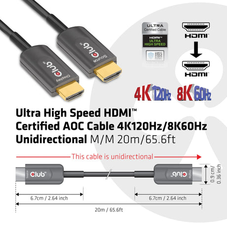 Club 3D Câble unidirectionnel certifié AOC HDMI 2.1 ultra haut débit mâle-mâle (noir, 20 mètres, 4K 120 Hz, 8K 60 Hz, 48 Gbit/s)