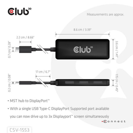 Club 3D Hub USB-C vers triple DisplayPort MST (noir, 4K60 Hz)