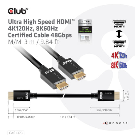 Câble certifié HDMI 2.1 ultra haut débit Club 3D mâle-mâle (noir, 3 mètres, 4K 120 Hz, 8K 60 Hz, 48 Gbps)