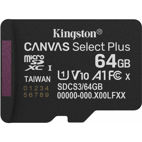 Carte mémoire MicroSDXC Kingston Canvas Select Plus 64 Go (noir, UHS-I U1, classe 10, V10)