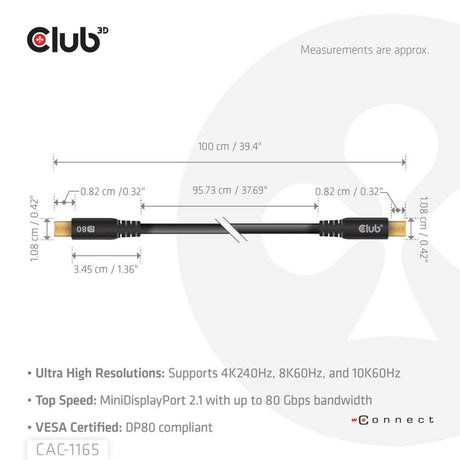 Câble bidirectionnel Club 3D Mini DisplayPort vers Mini DisplayPort DP80 (noir, 1 mètre, certifié Vesa)