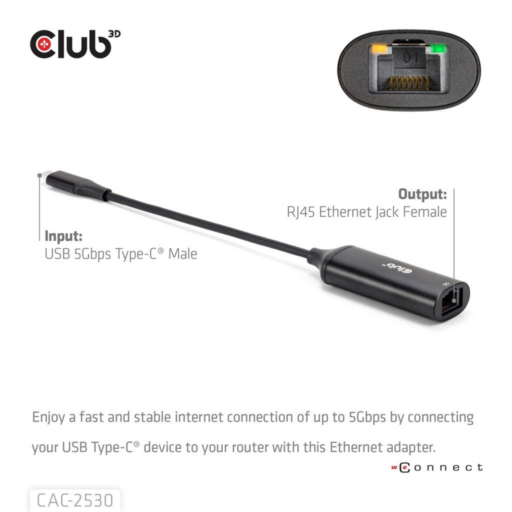 Adaptateur Ethernet M-F Club 3D USB-C vers RJ45 5 Gbit/s (noir)