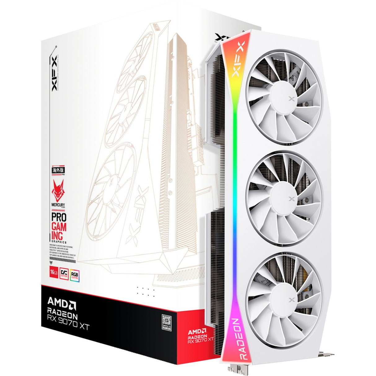 Carte graphique XFX Radeon RX 9070 XT OC Mercury RGB (blanc, RDNA4, GDDR6, 3x Display Port, 1x HDMI 2.1)