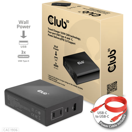 Chargeur de voyage Club 3D 132W technologie gan, quatre ports USB type-a et -c (noir, power delivery (pd) 3.0)
