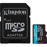 Toile Kingston, c'est parti ! plus carte mémoire microSDXC 512 Go (noire, avec adaptateur, classe 10, UHS-I U3, V30, A2)