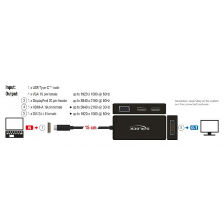 Delock Adaptateur USB-C > VGA HDMI DVI Display Port (noir, 0,15 mètre)