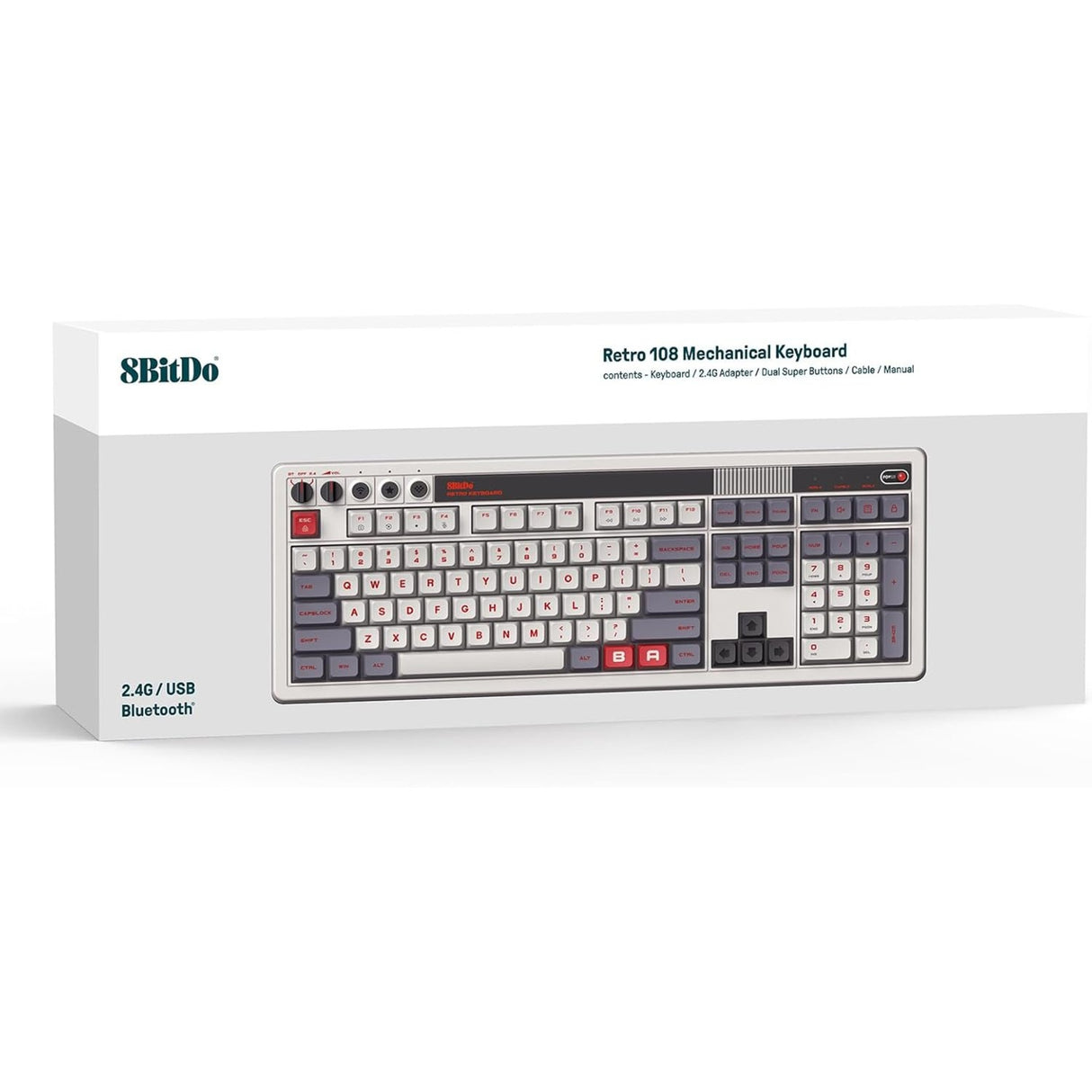 Clavier mécanique rétro 8bitdo n édition (gris, disposition américaine (qwerty), boîte kailh blanche, 100%, bluetooth basse consommation, sans fil 2,4 g, usb)