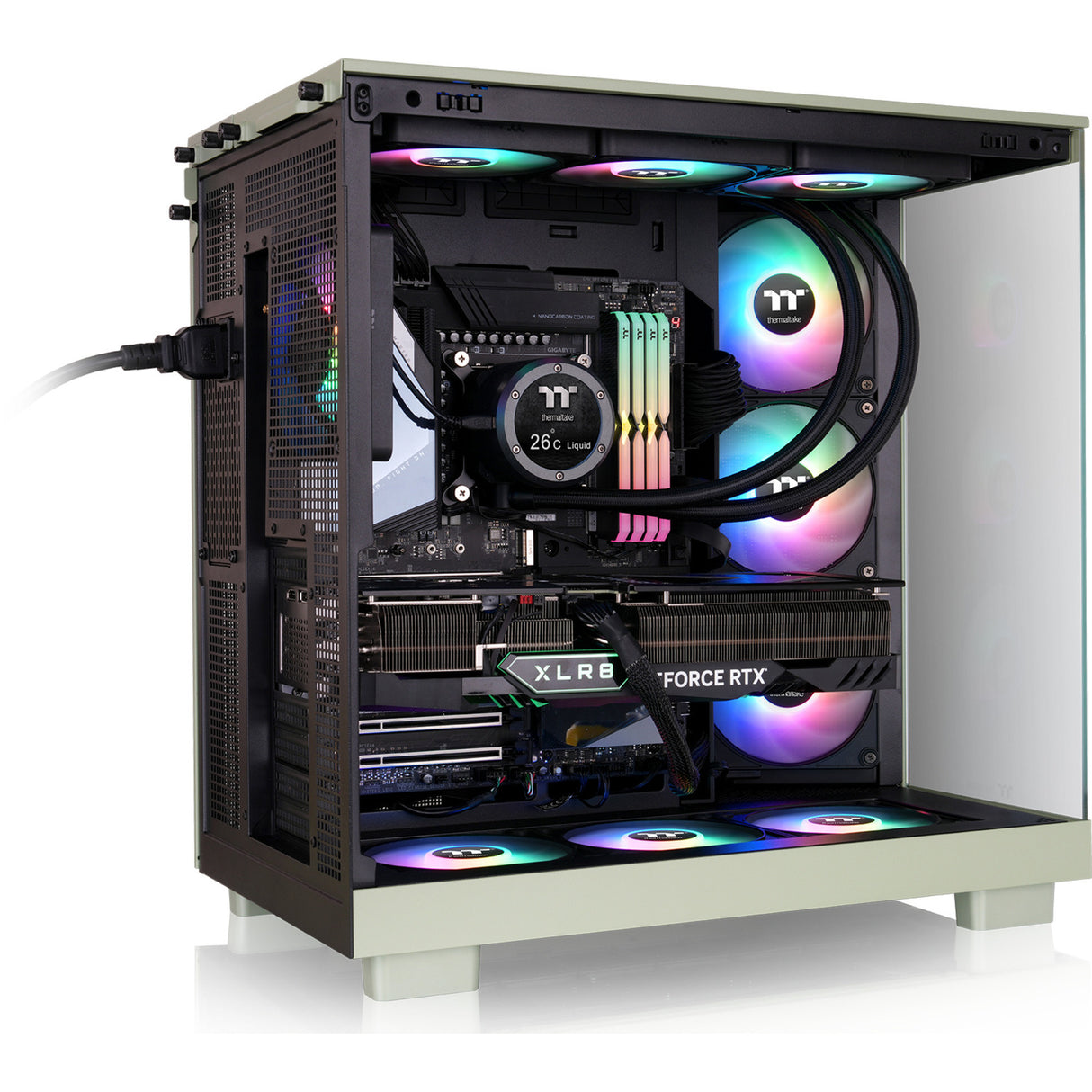 Thermaltake view 380 xl ws argb midi tower behuizing (lichtgroen houtkleur | 2x usb-a | 1x usb-c | rgb | tempered glass)
