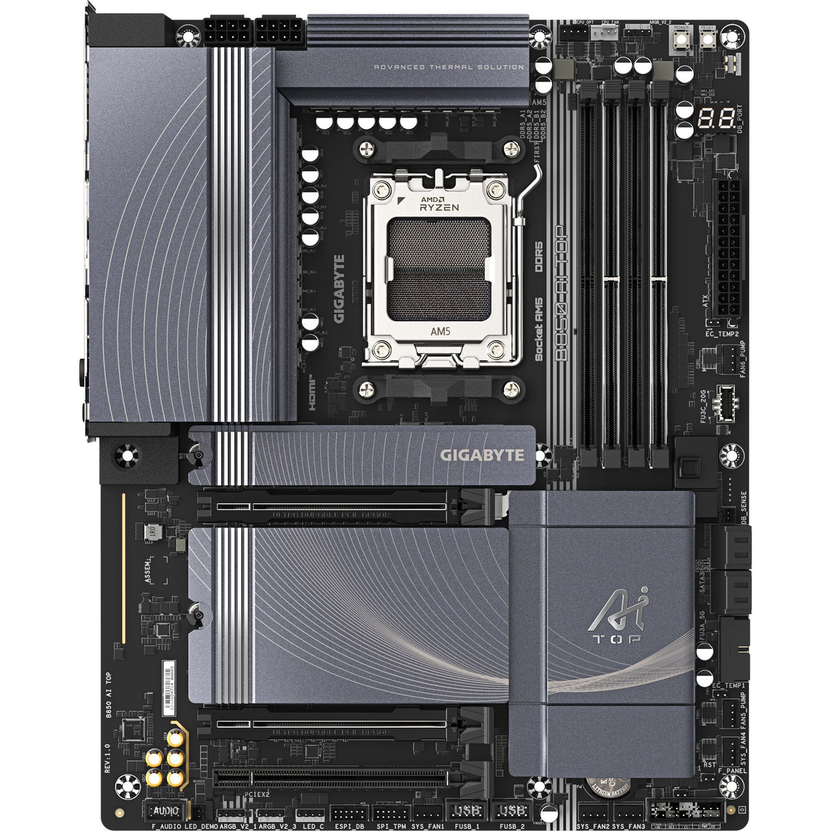 Carte mère Gigabyte B850 AI Top Socket AM5 (gris noir, RAID, 2x 10 Go LAN, Wi-Fi 7, BT, Sound, ATX)