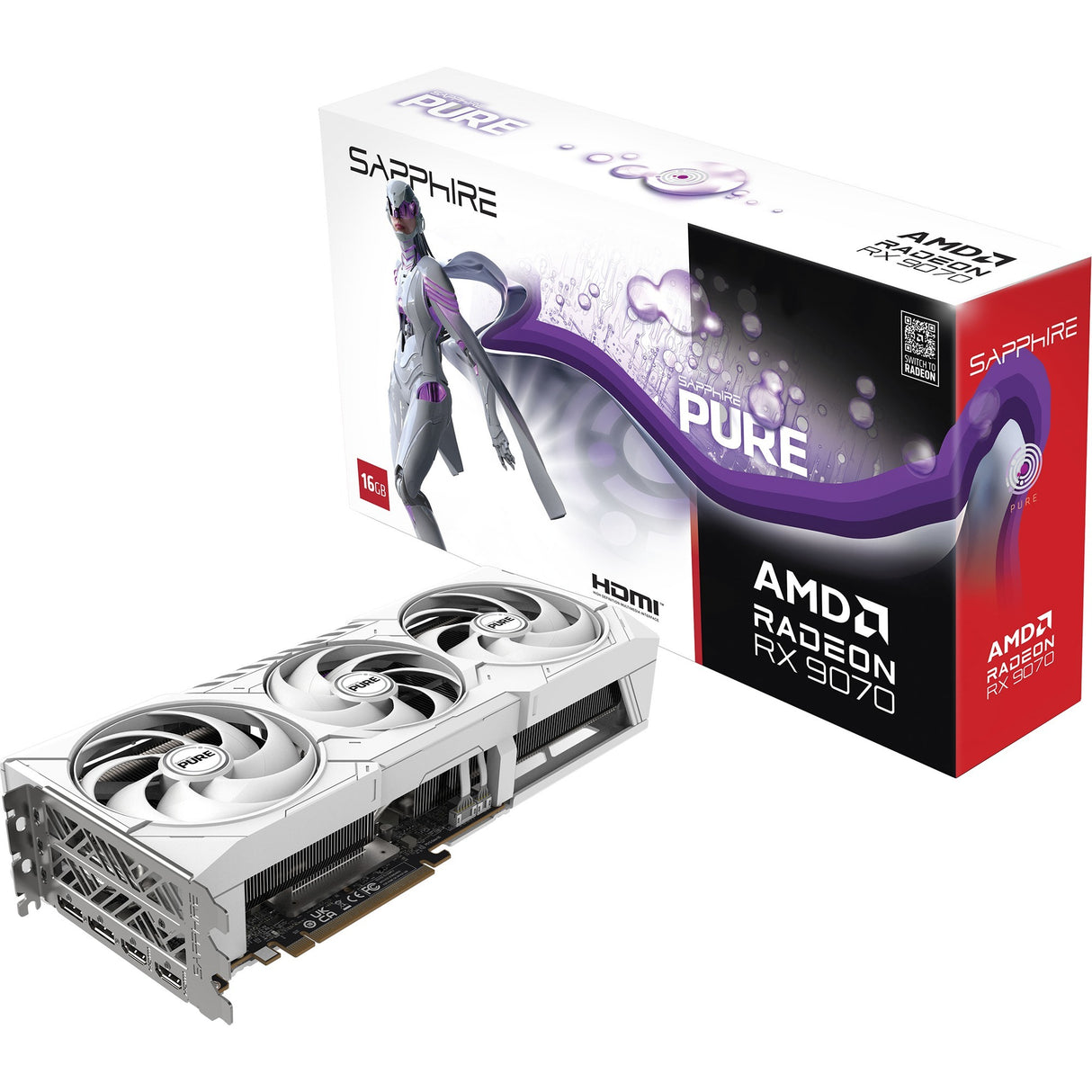 Carte graphique Sapphire Radeon RX 9070 Pure OC (blanc, 2x display port, 2x HDMI, RDNA4)