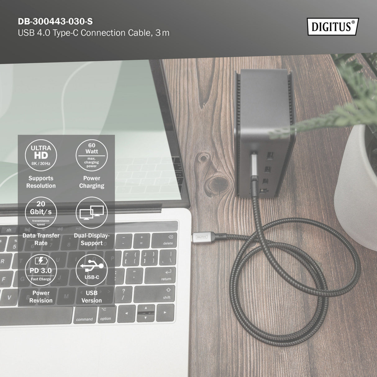 Câble de connexion USB-C Digitus USB-C 4 gen2 (gris noir, 3 mètres)