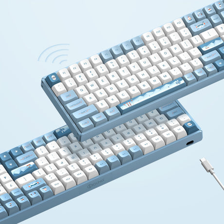 Clavier mécanique sans fil Iqunix F97 Wintertide (bleu clair, disposition américaine (QWERTY), Cherry MX Brown, 96 %, LED RVB, remplaçables à chaud, PBT, 2,4 GHz | Bluetooth 5.1 | USB-C)