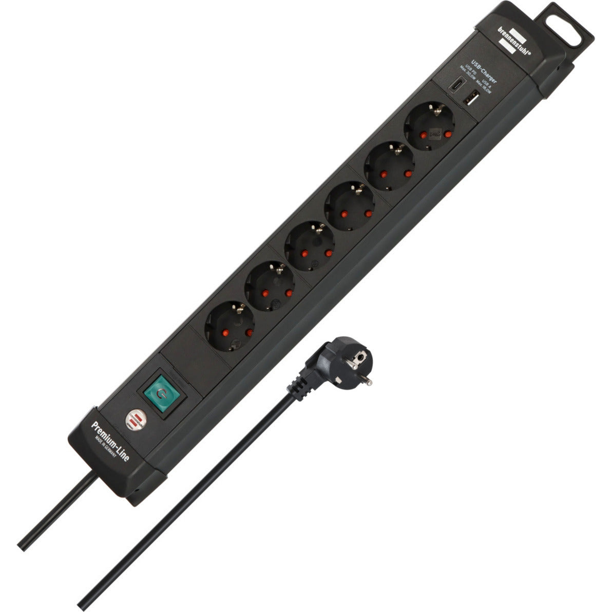 Multiprise Brennerstuhl premium-line à 6 prises avec USB-C PD 30 W et multiprise USB-A 18 W (noir, 1x USB-A, 1x USB-C)