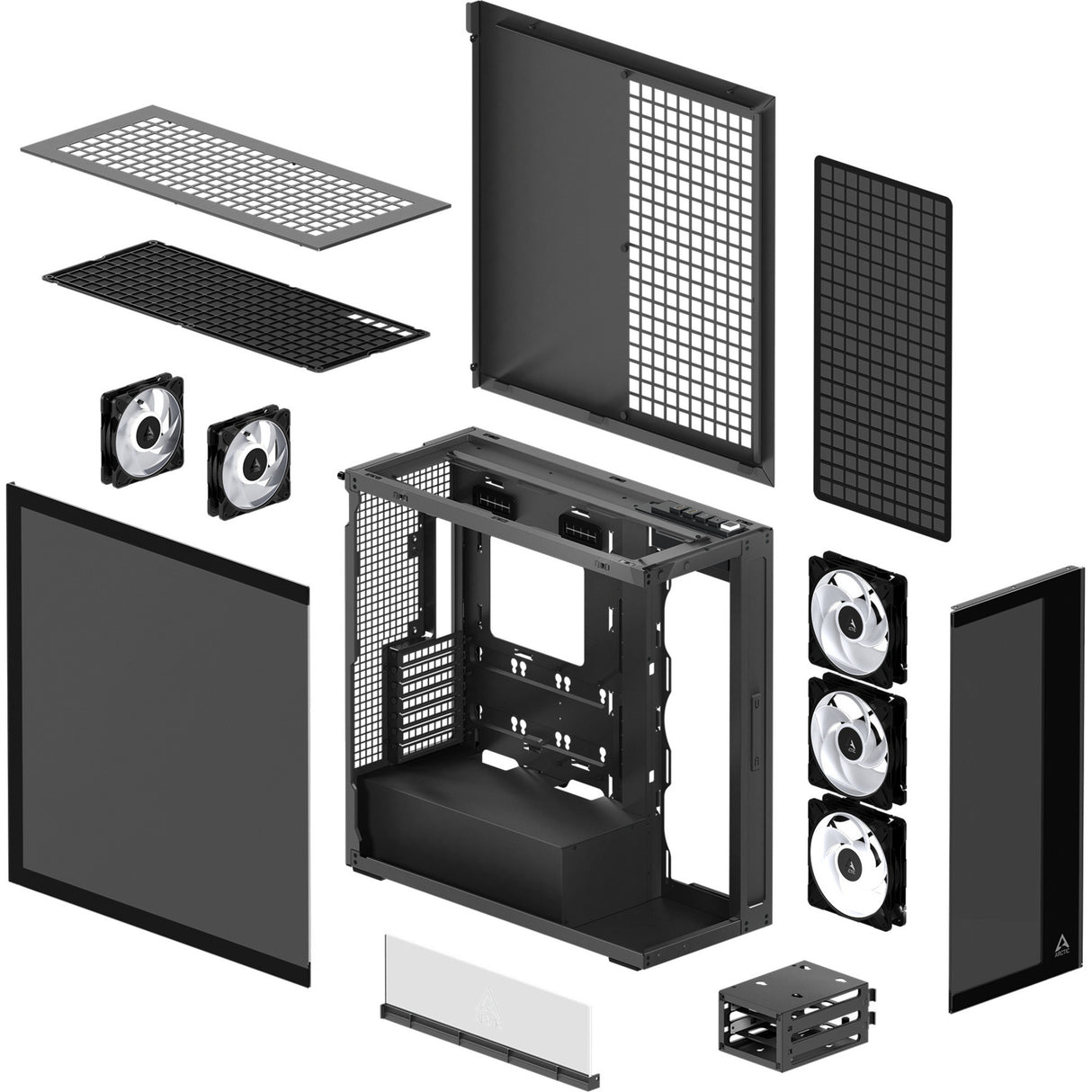 Boîtier tour midi Arctic xtender (noir (mat) | 2x USB-A | 1x USB-C | RVB | verre trempé)