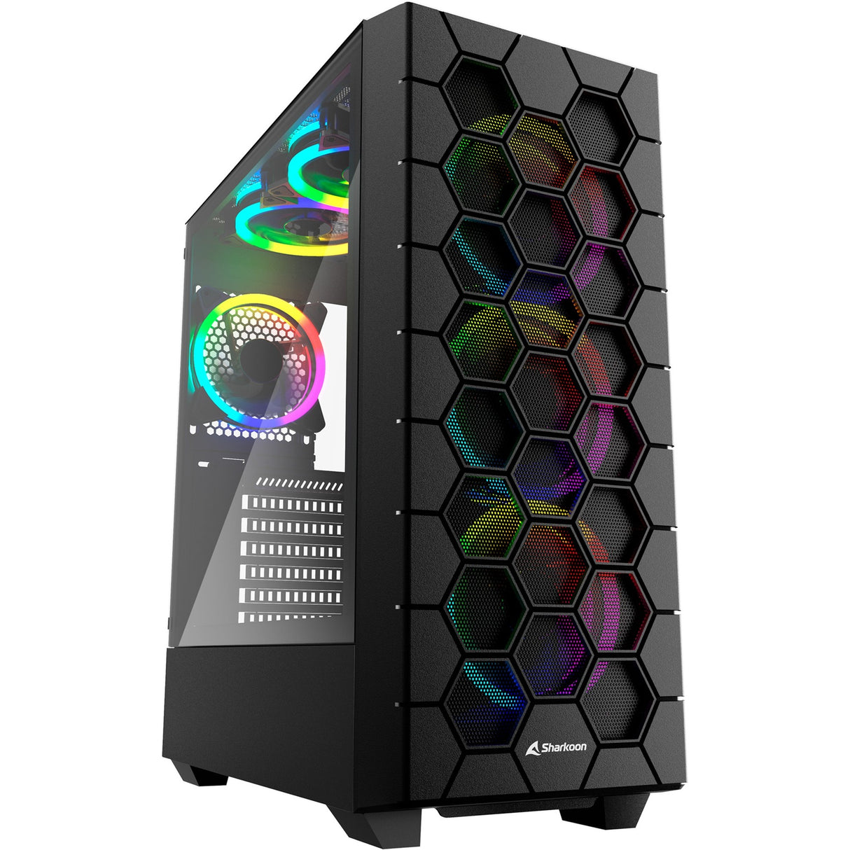 Boîtier tour midi hexagonal Sharkoon rgb (noir | 2x usb-a | 1x usb-c | rgb | verre trempé)