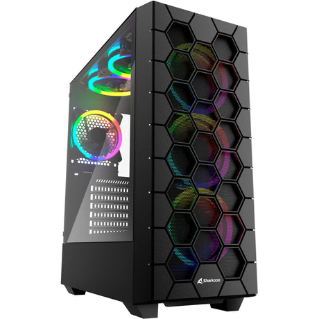 Boîtier tour midi hexagonal Sharkoon rgb (noir | 2x usb-a | 1x usb-c | rgb | verre trempé)