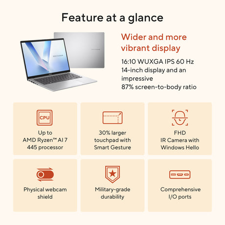 Asus vivobook 14 m1407ga-ly012w 14 copilot + ordinateur portable (argent | ryzen ai 7 445 | radeon 840m | 16 go | SSD 512 GD)