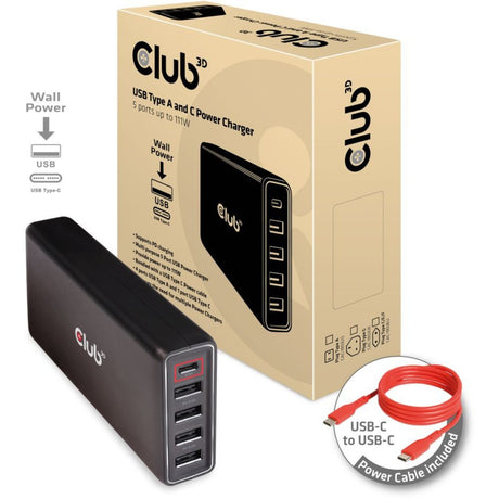 Chargeur secteur USB Type A et C Club 3D, 5 ports jusqu'à 111 W (noir)