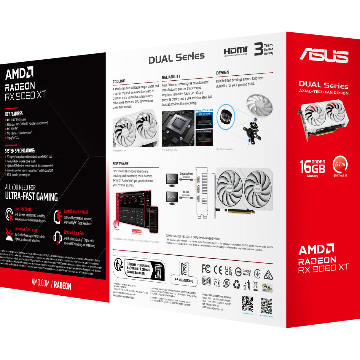 Carte graphique Asus Radeon RX 9060 XT Dual White Edition 16 Go (blanc, RDNA4, GDDR6, 2x Display Port, 1x HDMI 2.1)