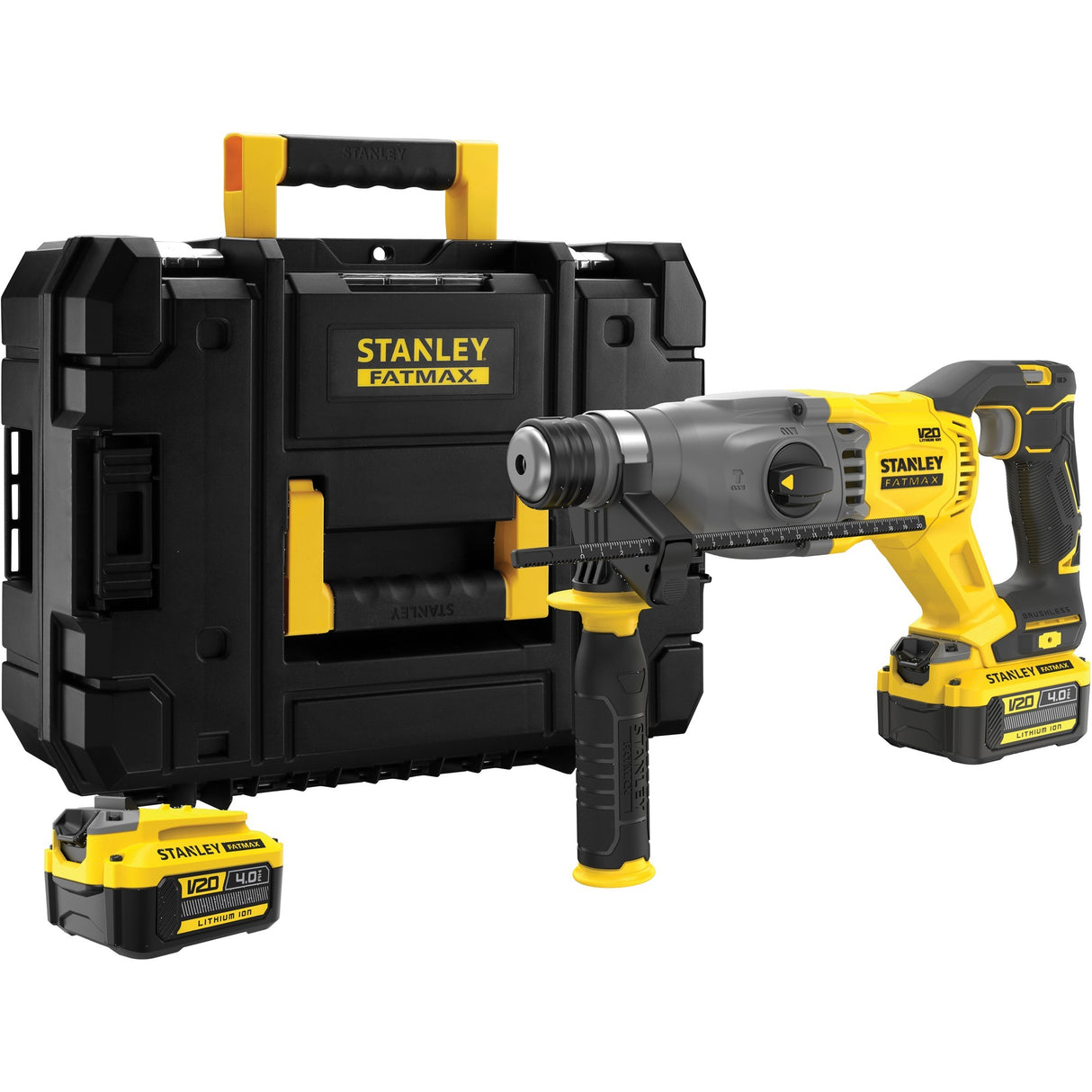 Stanley Fatmax V20 Kit combiné de perceuse à percussion sans fil sans balais 18 V (jaune noir, SDS+, 2 batteries et chargeur inclus, avec étui)